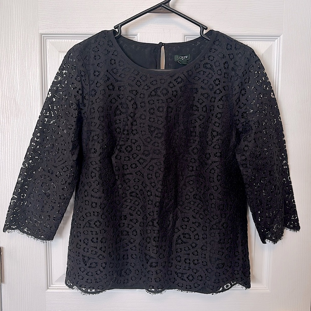 J. Crew Black Lace Overlay 3/4 Length Sleeve Top Women’s Sz. 6